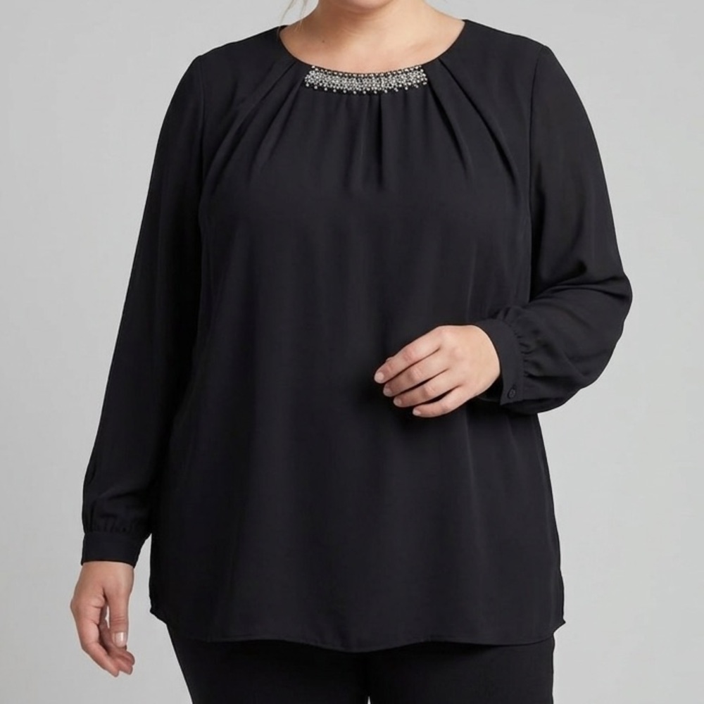 Mandy Evans Dark Gray Long Sleeve Blouse Crystal Accents 2X